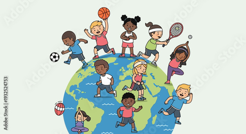 Diverse children playing various sports around the globe illustration.
