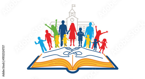 Diverse Family and Children Celebrating Education on Open Book.