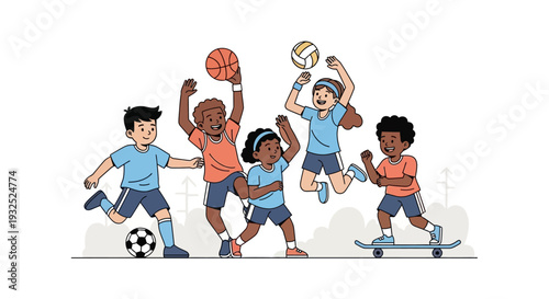 Diverse group of children actively engaged in various sports activities.