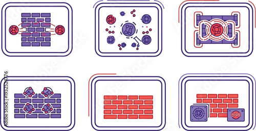Digital vector illustration of quantum computing and cybersecurity concept icons