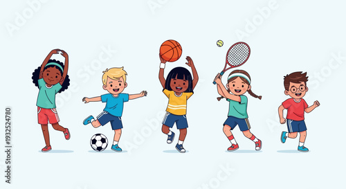Diverse group of children actively engaged in various sports activities.