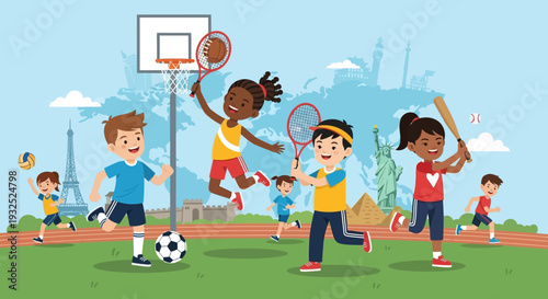 Diverse group of children actively engaged in various sports activities outdoors.