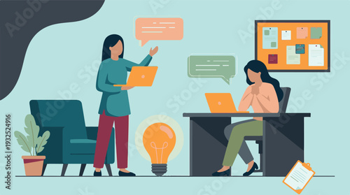 Two Businesswomen Collaborating and Brainstorming New Ideas in a Modern Office