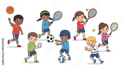 Diverse group of children actively participating in various sports activities.