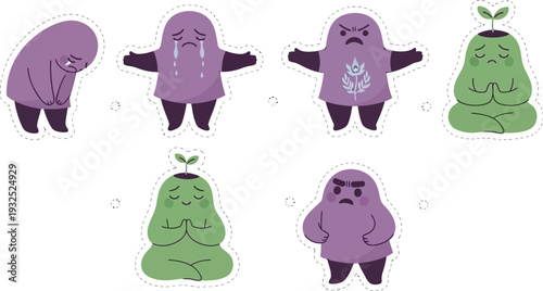 Collection of emotional mood vector stickers showing sadness anger and peace