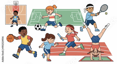 Diverse group of children actively participating in various sports and physical activities.