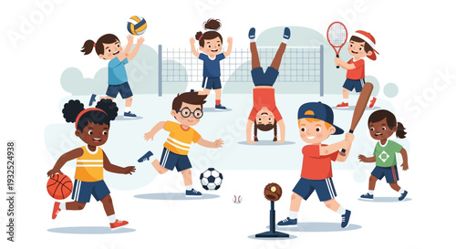 Diverse group of children actively participating in various sports and games.