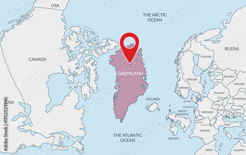 Greenland location on the world map with pin location marker. Vector flat template.