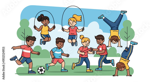 Diverse group of children actively playing outdoor games together.
