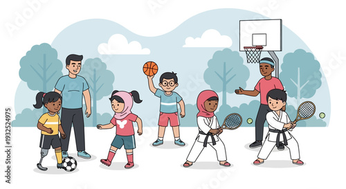 Diverse group of children and adults enjoying various sports activities together.