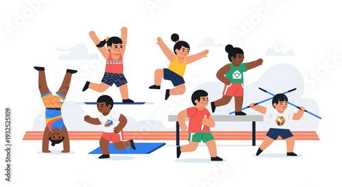 Diverse group of children engaged in various physical activities and sports.
