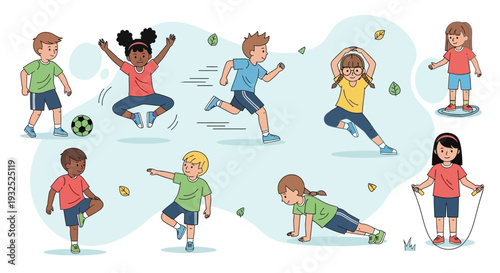 Diverse group of children engaged in various physical activities and sports.