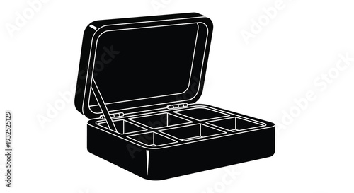 A stark black and white depiction of an open palette with divided compartments presented as a striking silhouette high quality professional