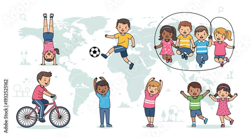 Diverse group of children engaged in various recreational activities and sports.