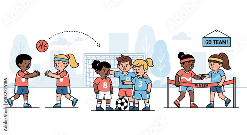 Diverse group of children engaged in various sports activities.