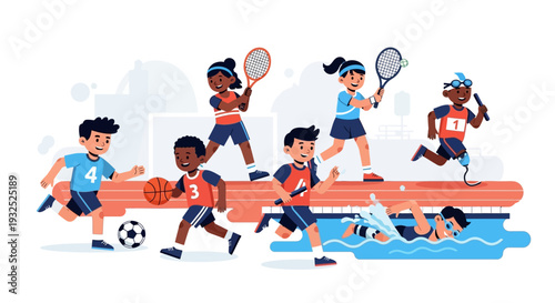 Diverse group of children engaged in various sports activities.