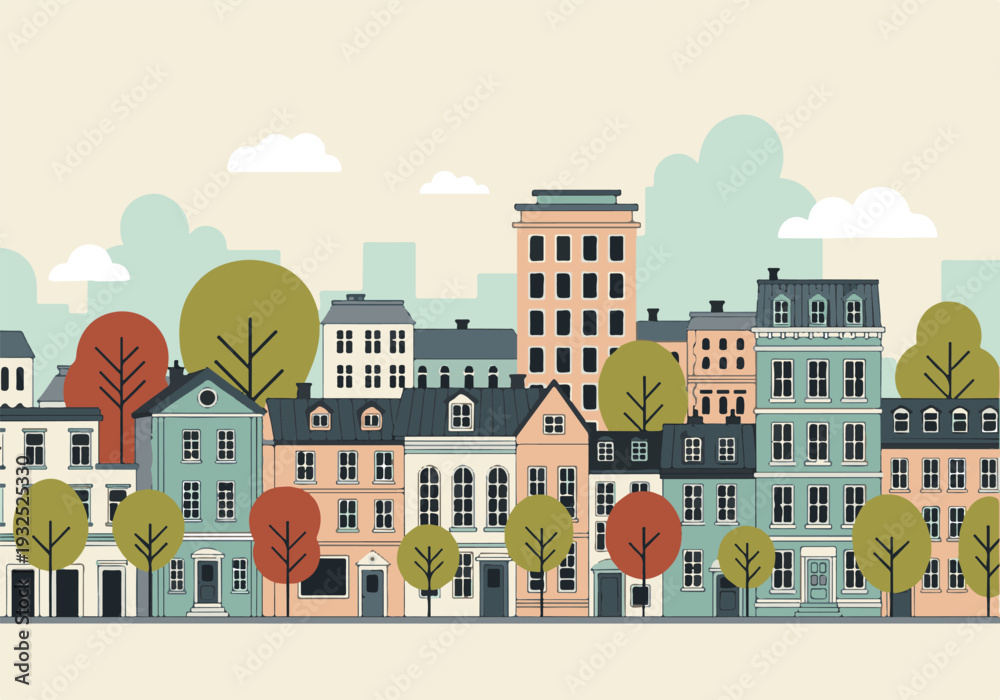 Obraz premium Modern Flat Design Cityscape with Colorful Buildings and Stylized Trees