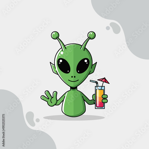 Cute green alien holding a tropical cocktail with umbrella, waving hello