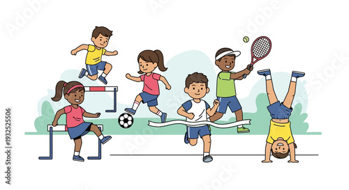 Diverse group of children engaged in various sports activities outdoors.