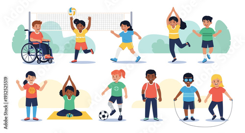 Diverse group of children engaged in various sports and activities.