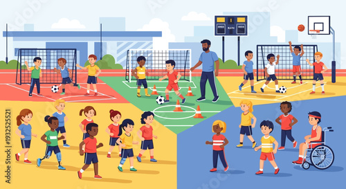 Diverse group of children engaged in various sports activities.