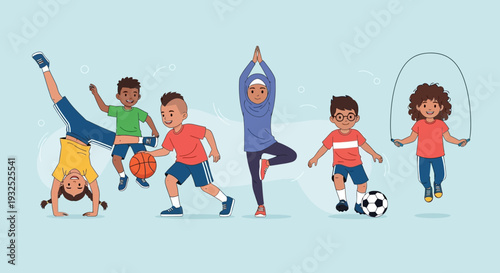 Diverse group of children engaged in various sports and activities.
