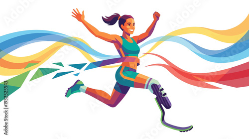 Paralympic female athlete with prosthetic leg running crossing finish line