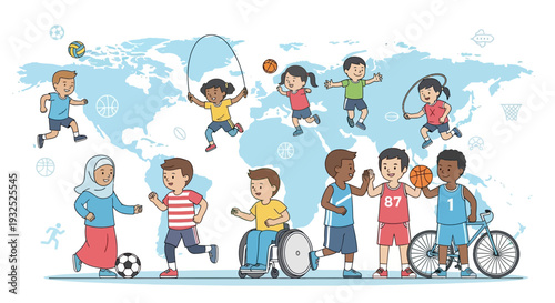 Diverse group of children engaged in various sports and activities worldwide.