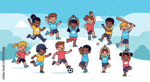 Diverse group of children engaged in various sports and activities.
