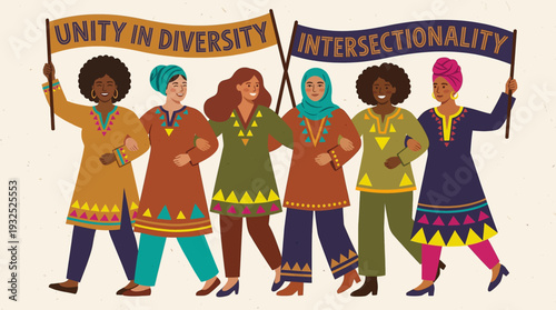 Diverse women marching together holding unity in diversity and intersectionality banners