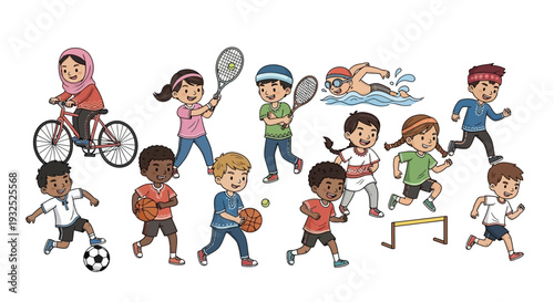 Diverse group of children engaged in various sports and physical activities.