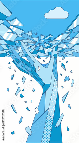 Abstract blue hand breaking glass ceiling metaphor for success and overcoming barriers