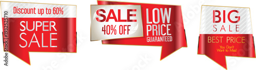 Three red and white sale banners on a white background