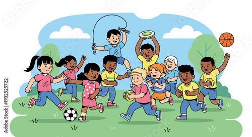 Diverse group of children playing various sports and games outdoors.