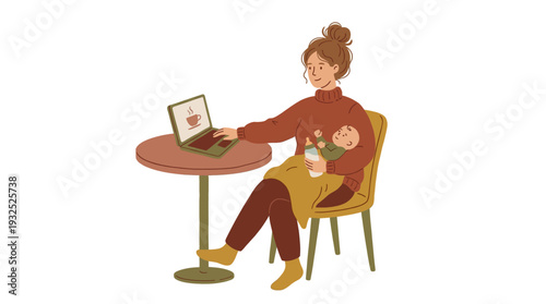 Working mother multitasking feeding baby while using laptop at cafe table