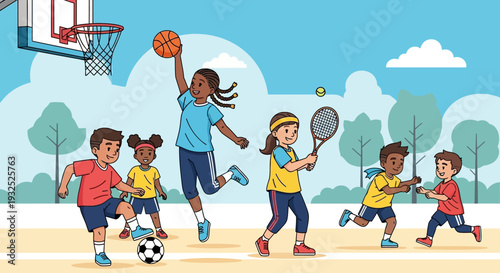 Diverse group of children playing various sports outdoors.