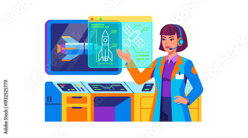 Female aerospace engineer scientist working with holographic rocket and satellite interface