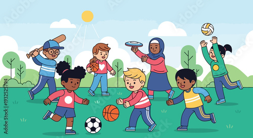 Diverse group of children playing various sports outdoors.