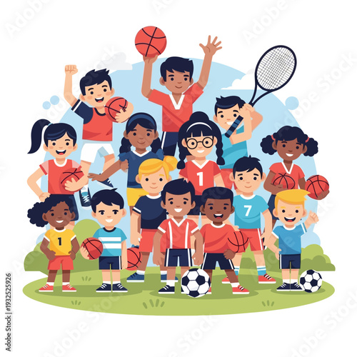 Diverse group of happy children engaged in various sports activities.