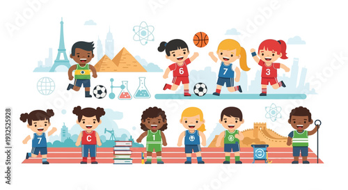 Diverse group of happy children engaged in various sports activities.