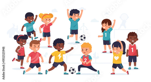 Diverse group of happy children playing soccer together.
