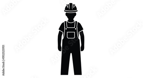 A stark black silhouette depicts a construction worker wearing a hard hat and overalls representing industry and labor silhouette