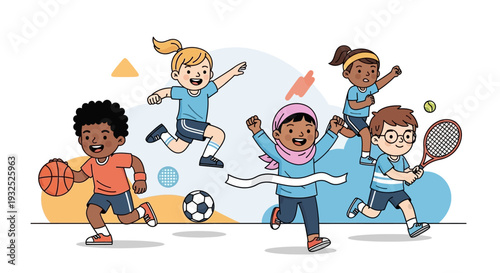 Diverse group of happy children participating in various sports activities.