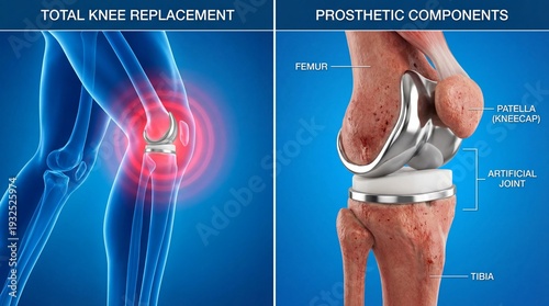 Total knee replacement surgery with prosthetic components including femur, patella, artificial joint, and tibia for damaged knee joint relief and improved mobility.