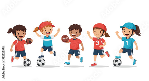 Diverse group of happy children playing soccer together.