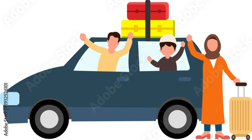 Illustration Of A Muslim Family Going Home For Eid With Suitcases And Belongings