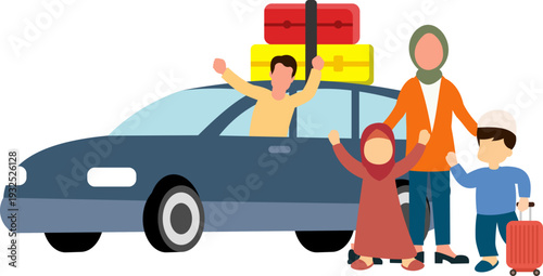 Illustration Of A Muslim Family Going Home For Eid With Suitcases And Belongings