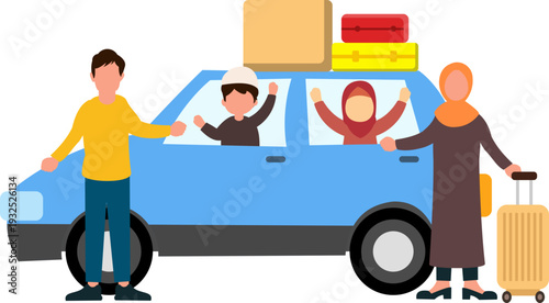Illustration Of A Muslim Family Going Home For Eid With Suitcases And Belongings