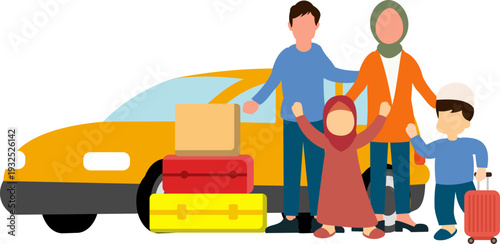 Illustration Of A Muslim Family Going Home For Eid With Suitcases And Belongings