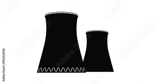 A stark depiction of industrial cooling towers against a bright white background presented as a bold silhouette high quality